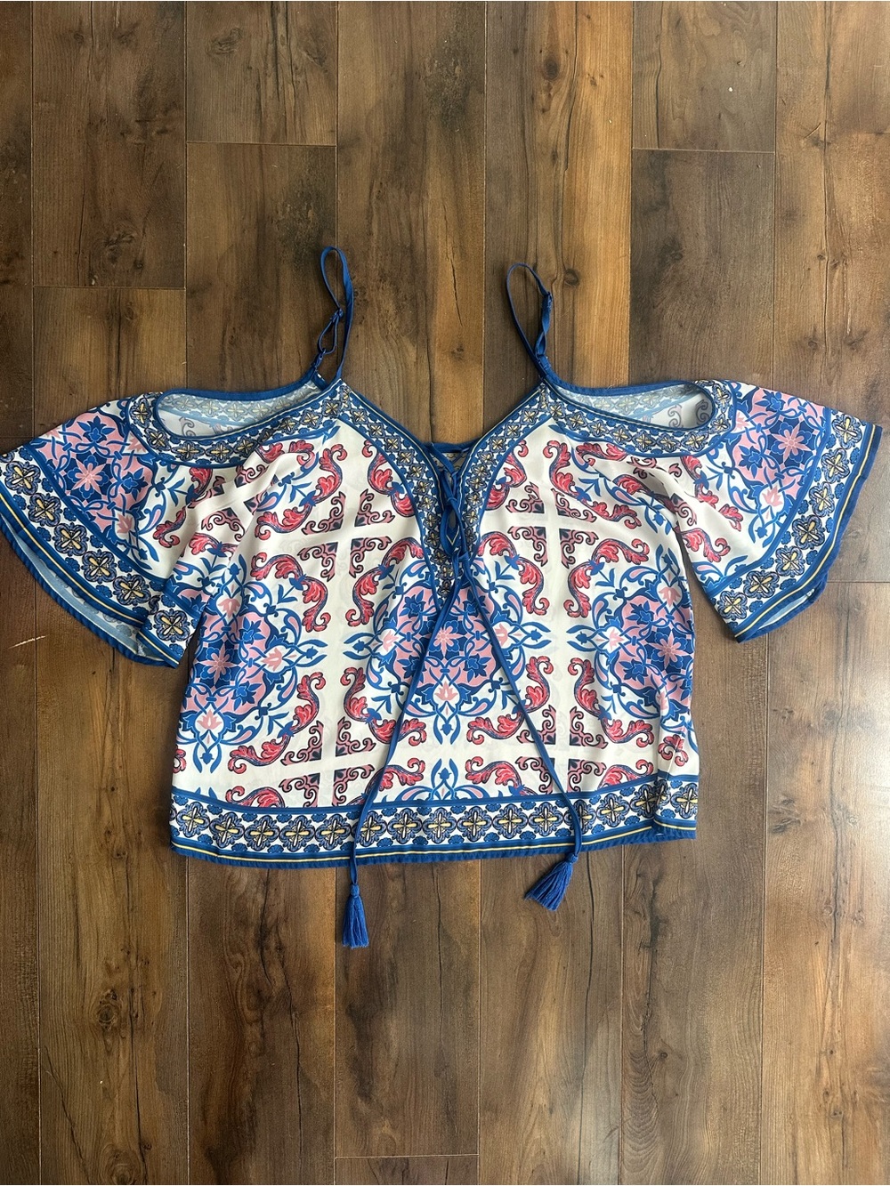 Flying Tomato Boho Tile Print Crop Top Blue Pink Tie Front Size Large
